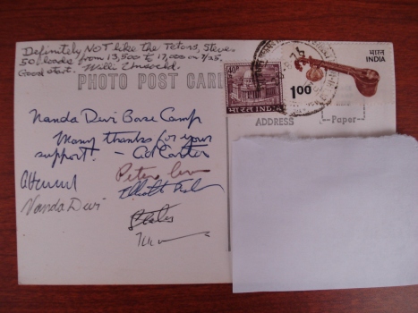 Nanda Devi postcard (back), signed by members of the 1976 expedition